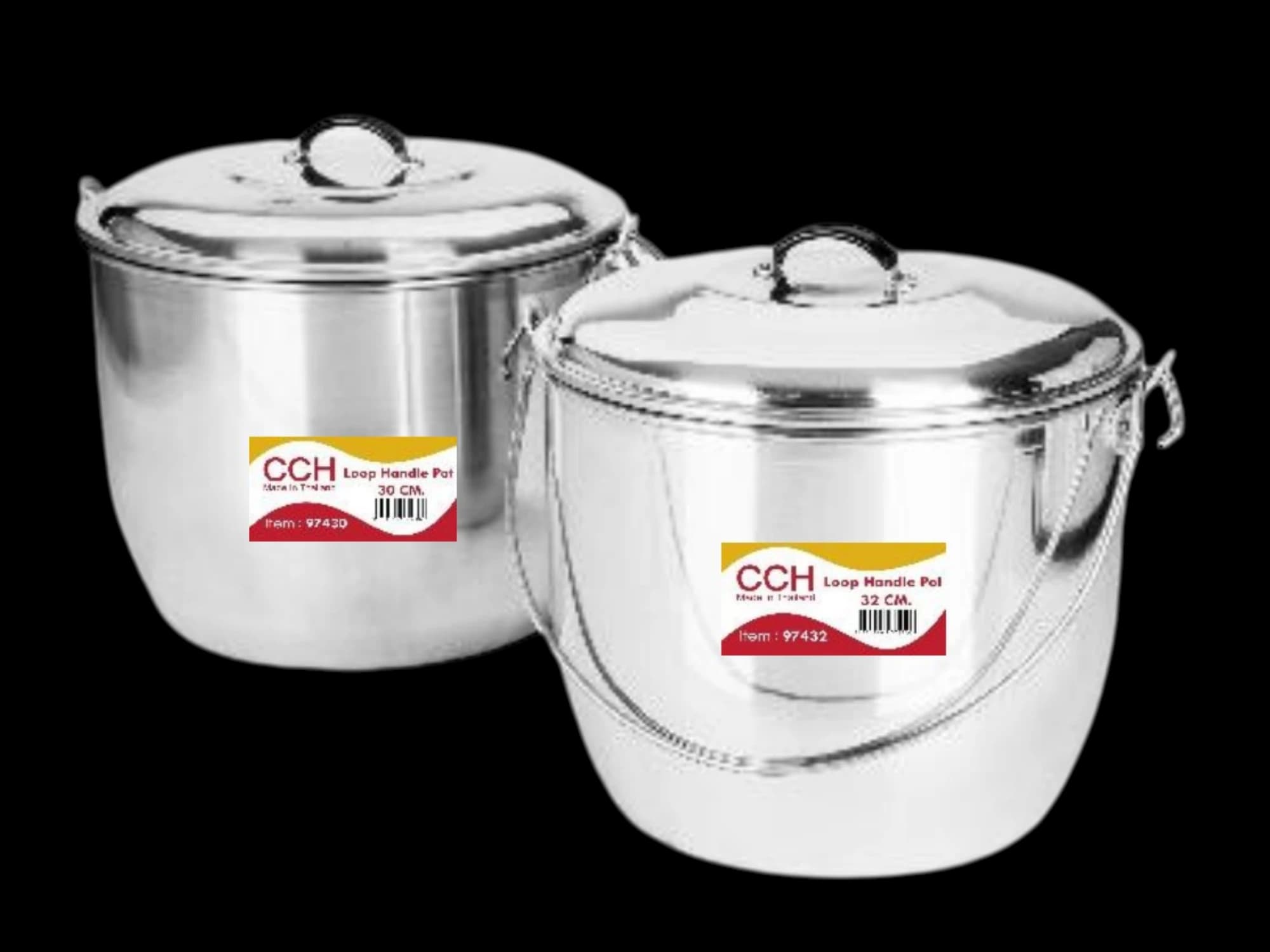CCH commercial aluminium loop handle pot with bail handles and domed lid, available in 28cm to 40cm sizes for catering and bulk cooking
